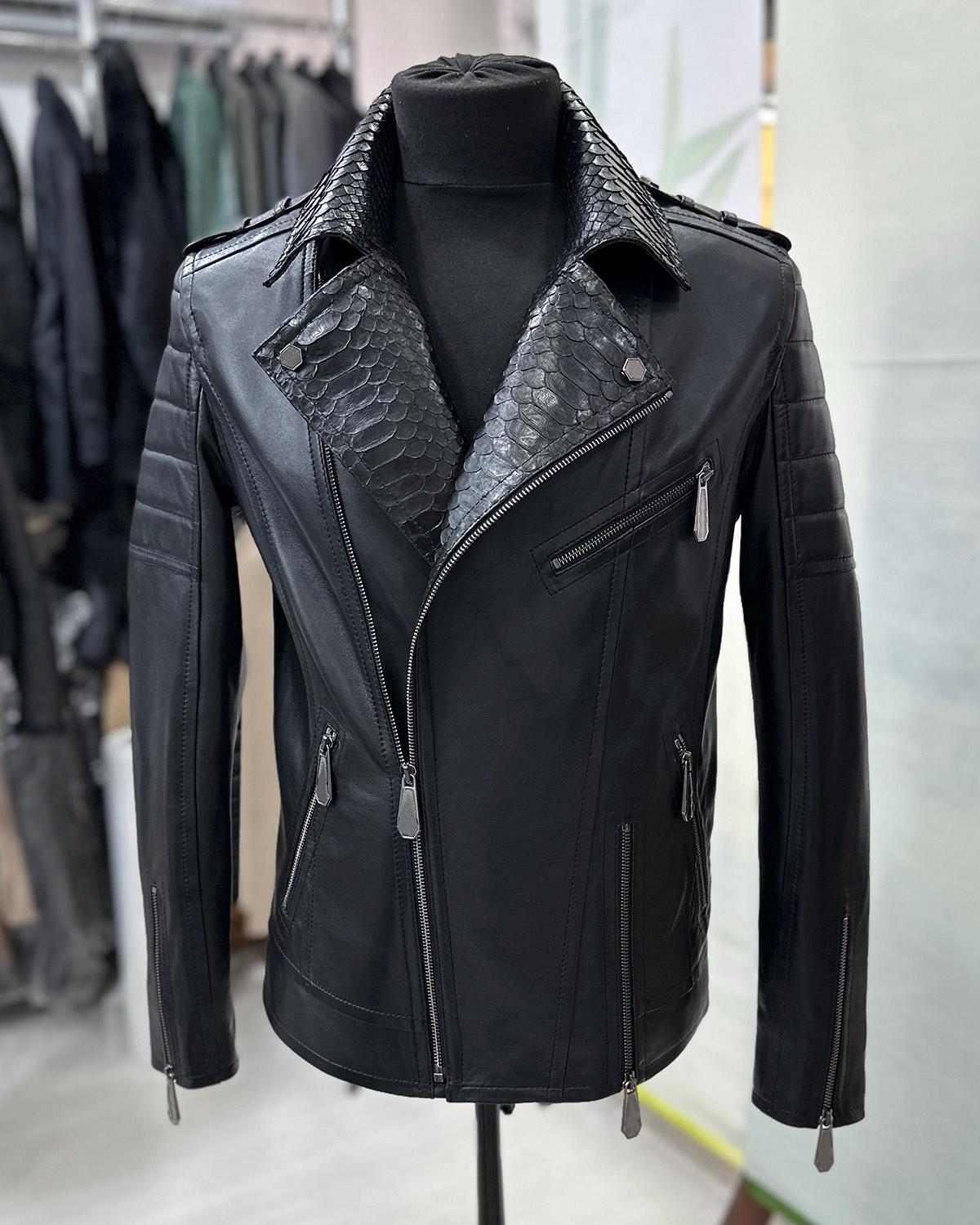 695e59f259f447123fa54eb7.jpg Men's Real Python Skin Trim Genuine Leather Black Luxury Motorcycle Biker Jacket