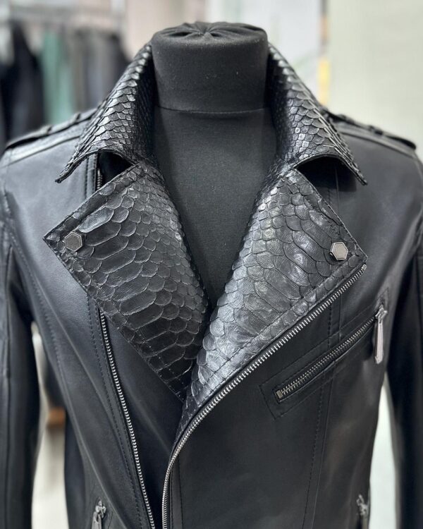 Men's Real Python Skin Trim Genuine Leather Black Luxury Motorcycle Biker Jacket