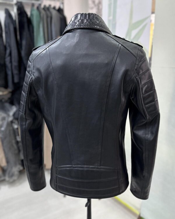Men's Real Python Skin Trim Genuine Leather Black Luxury Motorcycle Biker Jacket