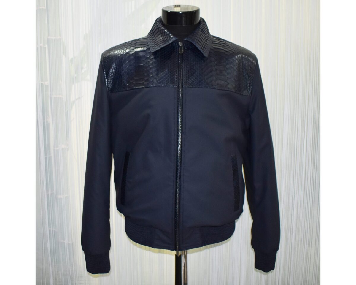 Men's Real Python Leather Trim Waterproof Fabric Luxury Bomber Jacket