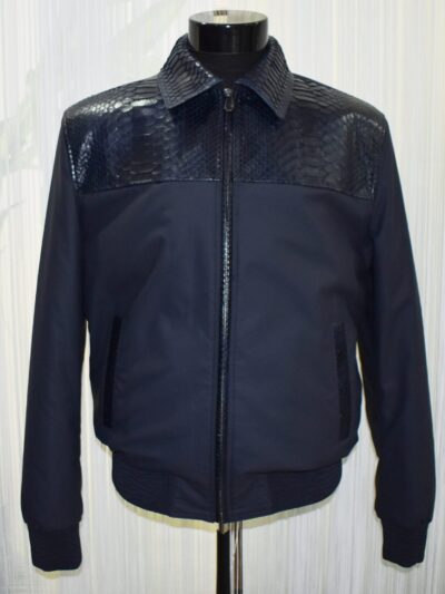 Men's Real Python Leather Trim Waterproof Fabric Luxury Bomber Jacket