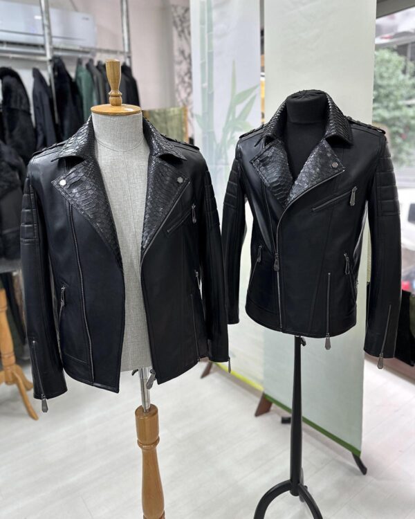 Men's Real Python Skin Trim Genuine Leather Black Luxury Motorcycle Biker Jacket