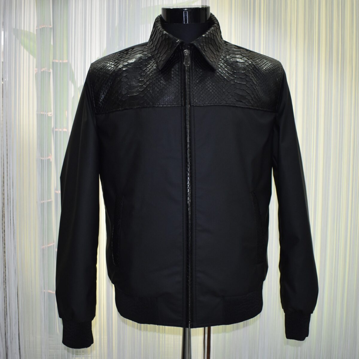 Men's Real Python Leather Trim Waterproof Fabric Luxury Bomber Jacket