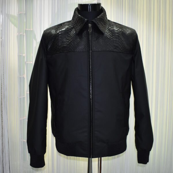 Men's Real Python Leather Trim Waterproof Fabric Luxury Bomber Jacket