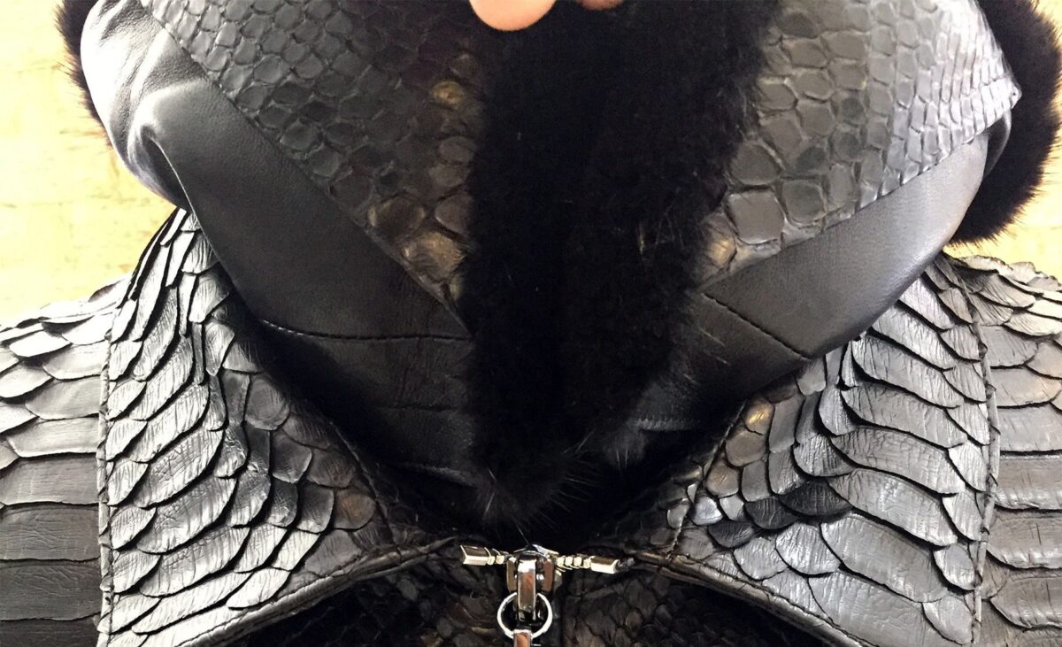 Men's Black Python Leather Removable Mink Fur Collar Exotic Snake Skin Jacket