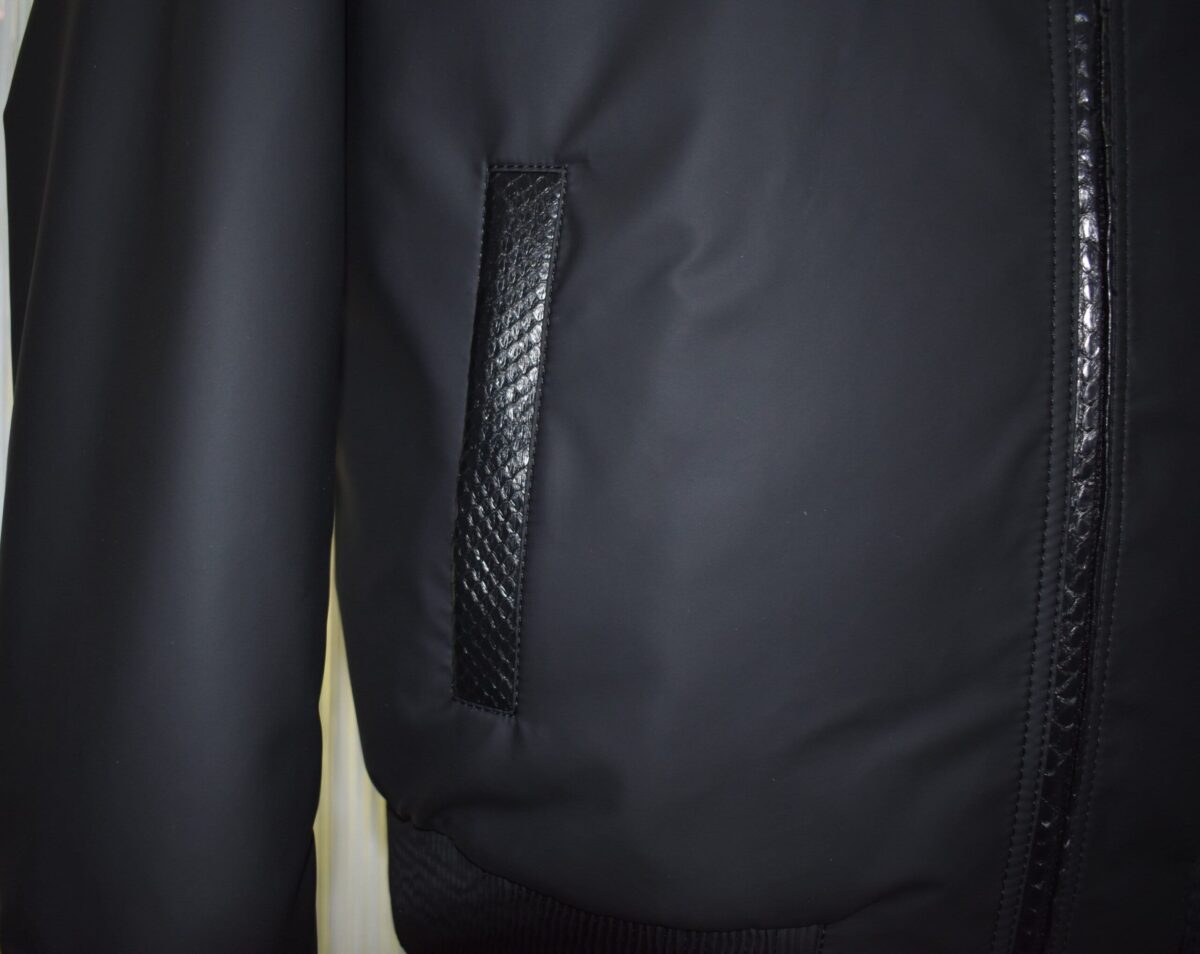 Men's Real Python Leather Trim Waterproof Fabric Luxury Bomber Jacket