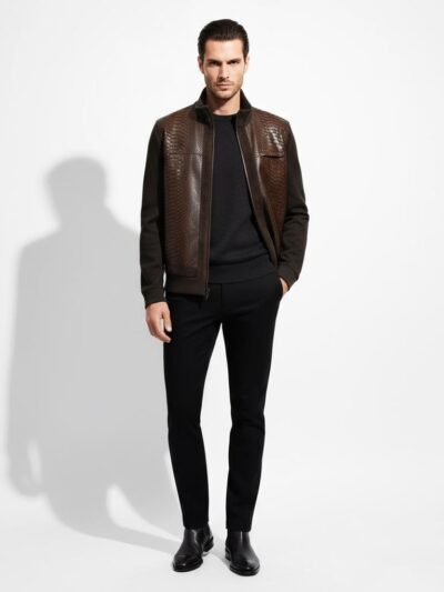 Genuine Python Leather Knit Cotton Men's Luxury Suede Trim Brown Black Cardigan
