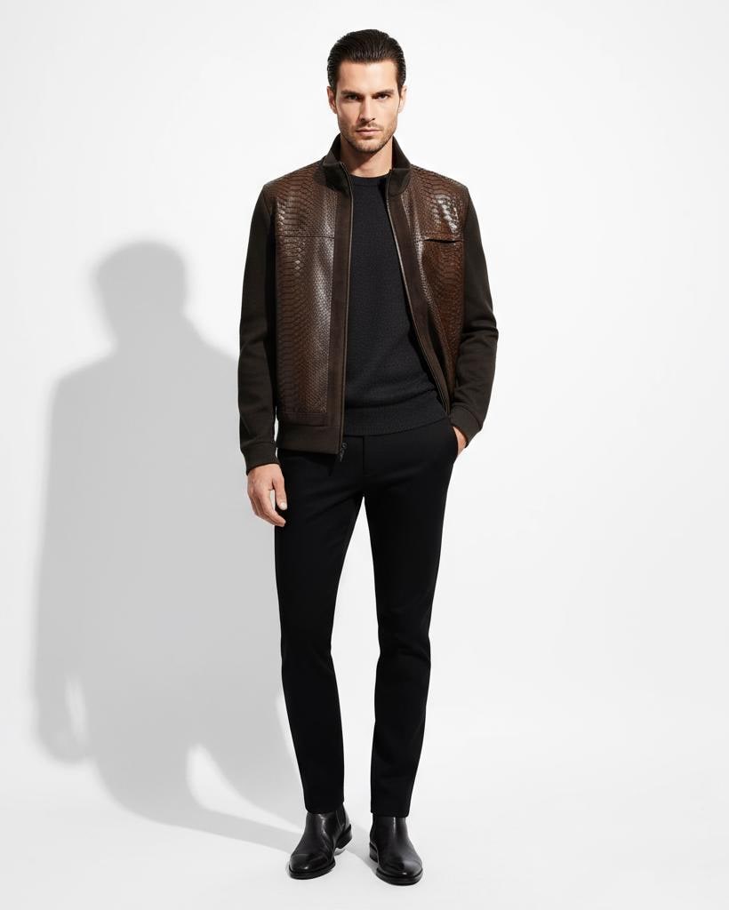 695e59f759f447123fa55e5a.jpg Genuine Python Leather Knit Cotton Men's Luxury Suede Trim Brown Black Cardigan