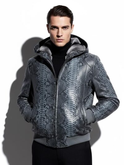 Genuine Python Leather Removable Real Rex Fur Lining Men's Grey Hoodie Jacket