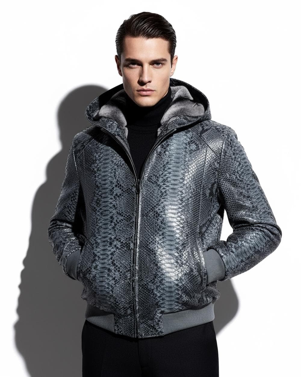 Genuine Python Leather Removable Real Rex Fur Lining Men's Grey Hoodie Jacket