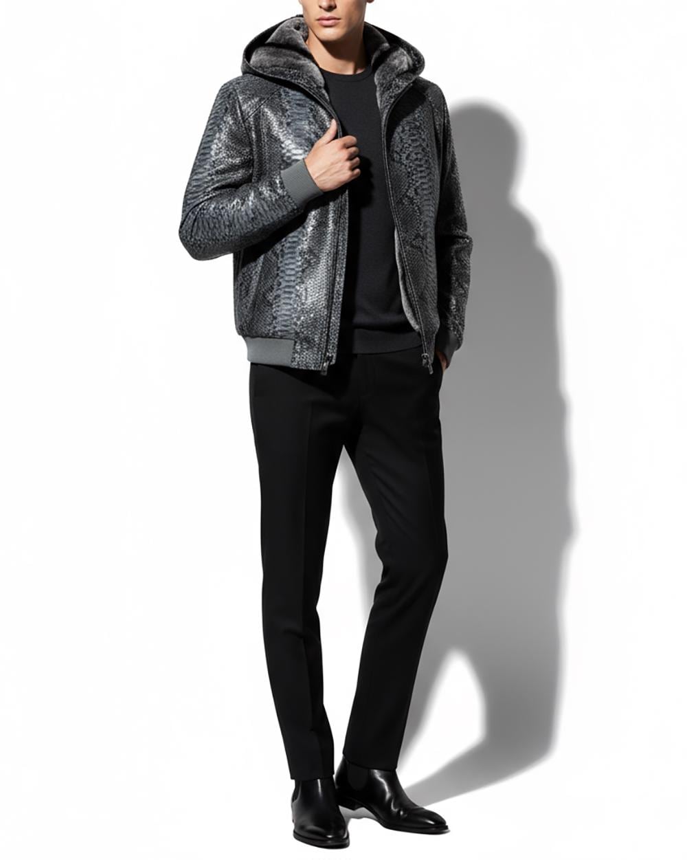 Genuine Python Leather Removable Real Rex Fur Lining Men's Grey Hoodie Jacket