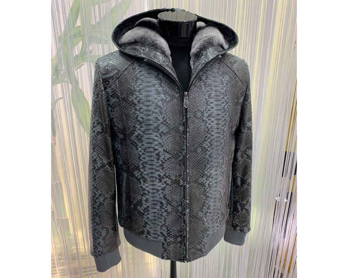 Genuine Python Leather Removable Real Rex Fur Lining Men's Grey Hoodie Jacket