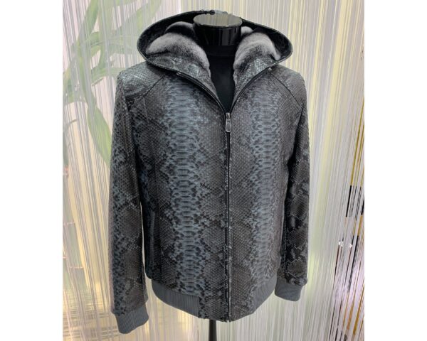 Genuine Python Leather Removable Real Rex Fur Lining Men's Grey Hoodie Jacket