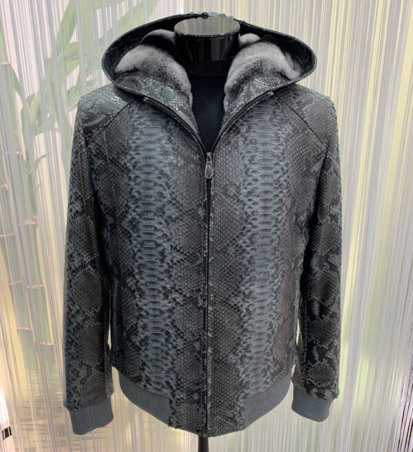 Genuine Python Leather Removable Real Rex Fur Lining Men's Grey Hoodie Jacket