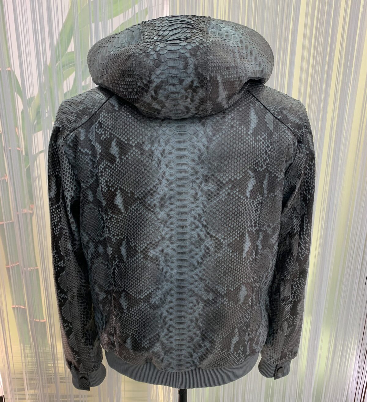 Genuine Python Leather Removable Real Rex Fur Lining Men's Grey Hoodie Jacket