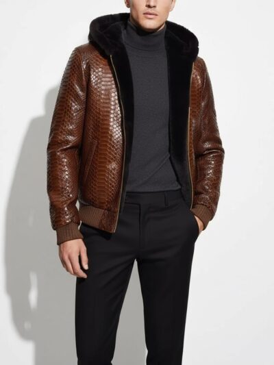 Genuine Python Leather Real Sheep Fur Lining Men's Luxury Brown Hoodie Jacket