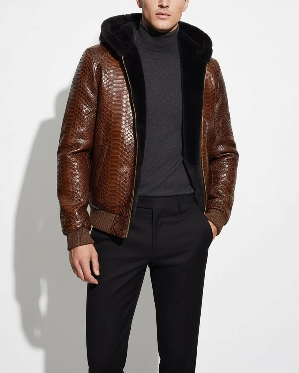 695e59fa59f447123fa56561.jpg Genuine Python Leather Real Sheep Fur Lining Men's Luxury Brown Hoodie Jacket