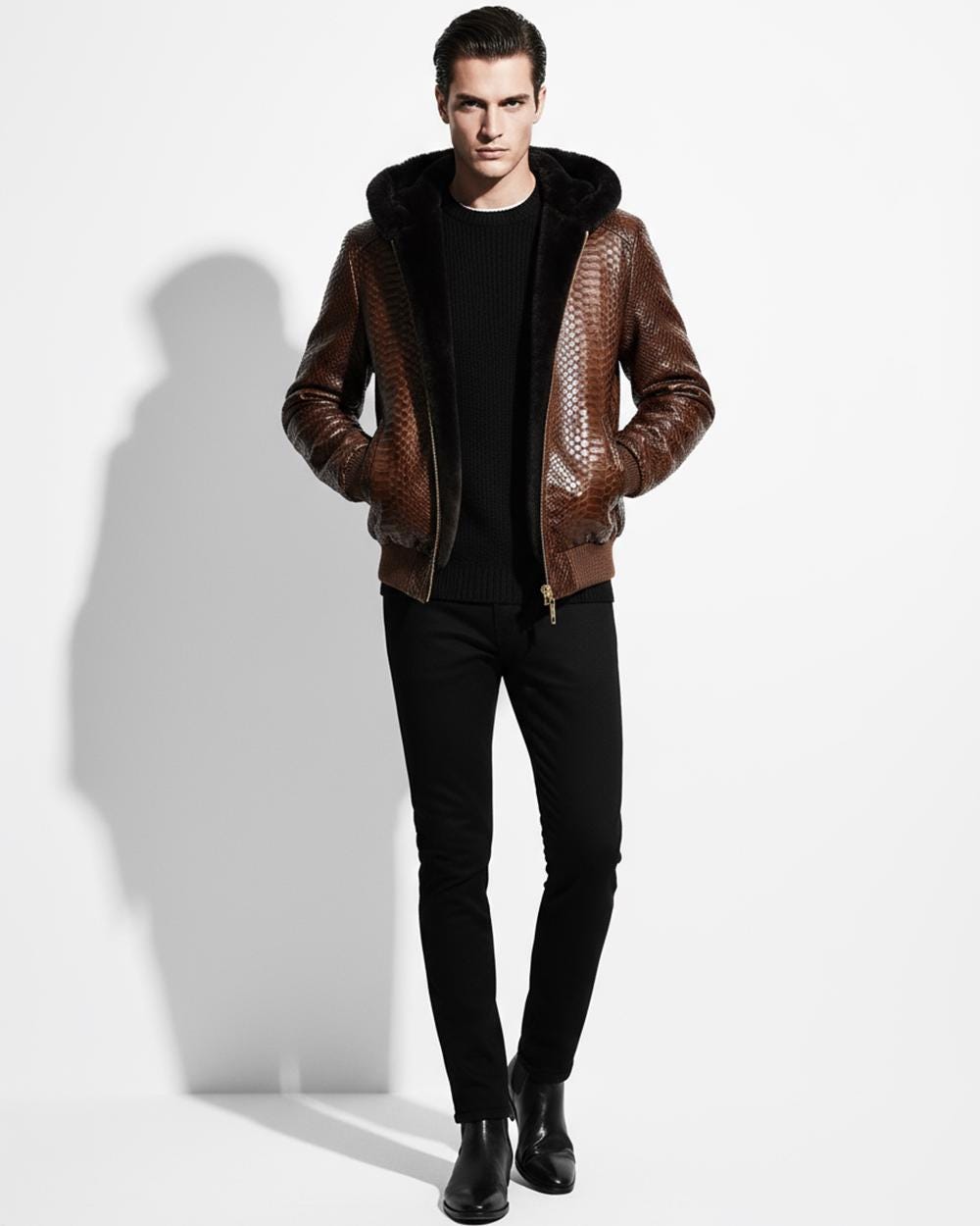 695e59fa59f447123fa56570.jpg Genuine Python Leather Real Sheep Fur Lining Men's Luxury Brown Hoodie Jacket