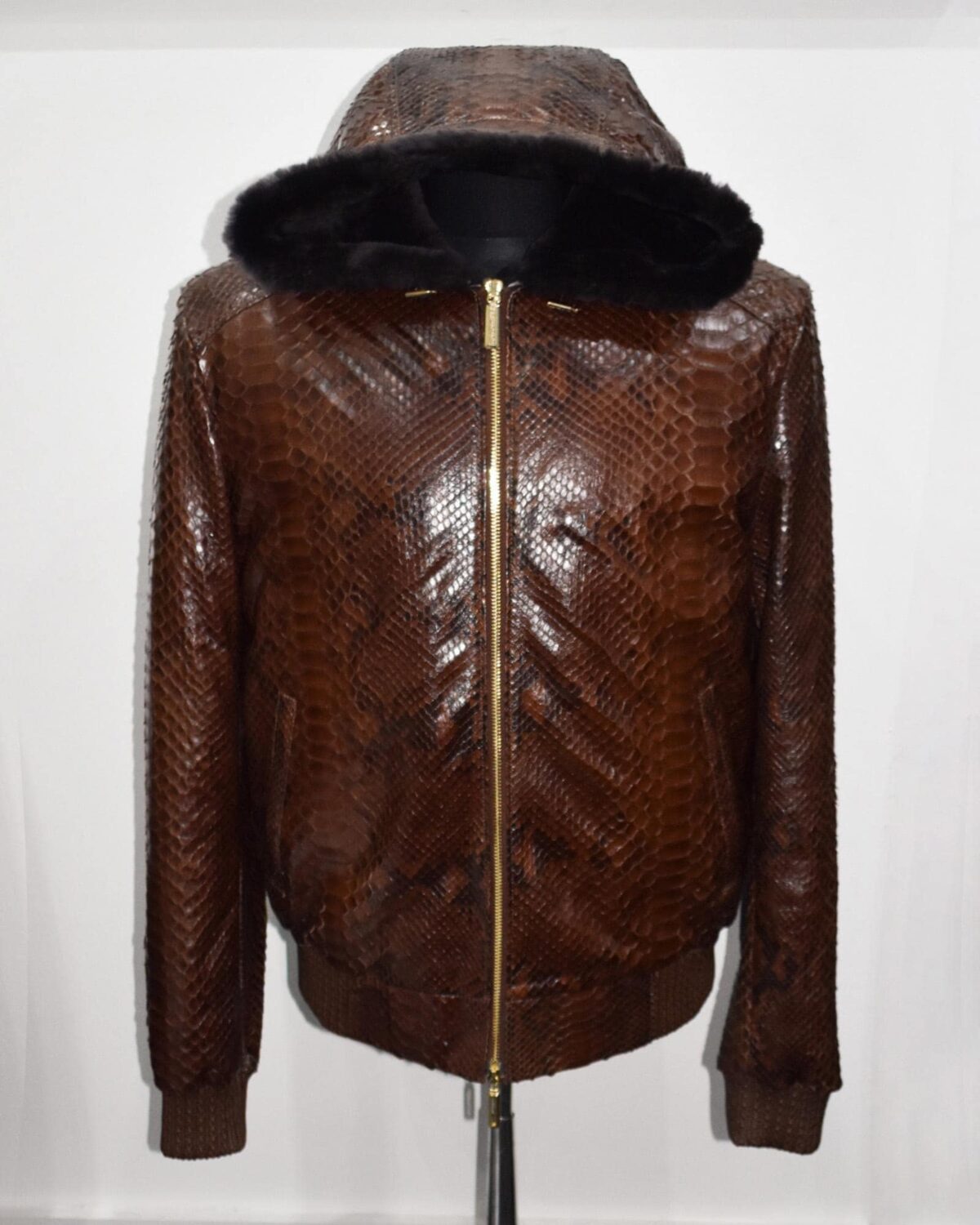 695e59fb59f447123fa56626.jpg Genuine Python Leather Real Sheep Fur Lining Men's Luxury Brown Hoodie Jacket