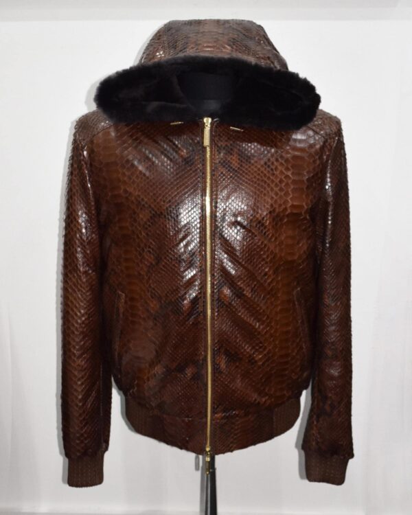 Genuine Python Leather Real Sheep Fur Lining Men's Luxury Brown Hoodie Jacket