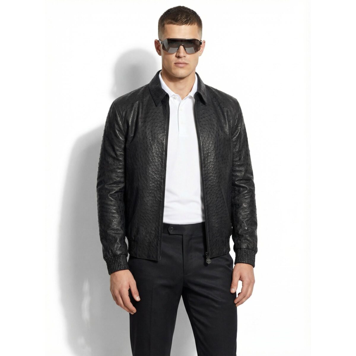 695e59fb59f447123fa566c5.jpg Genuine Ostrich Quill Leather Men's Black Luxury Handmade Bomber Jacket