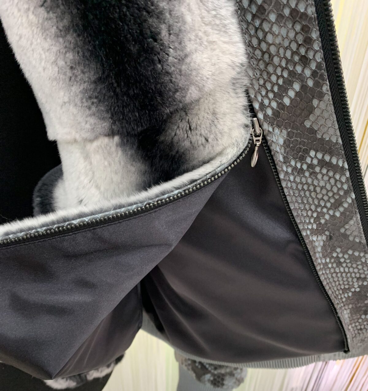 Genuine Python Leather Removable Real Rex Fur Lining Men's Grey Hoodie Jacket