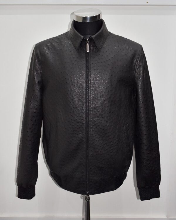 Genuine Ostrich Quill Leather Men's Black Luxury Handmade Bomber Jacket