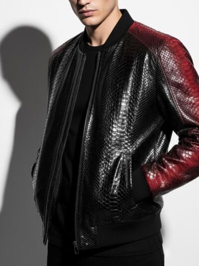 Men's Genuine Python Leather Black Red Bespoke Luxury Bomber Jacket