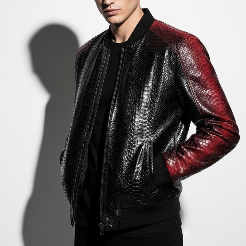 Men's Genuine Python Leather Black Red Bespoke Luxury Bomber Jacket