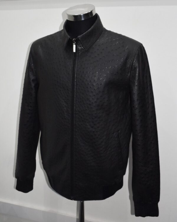 Genuine Ostrich Quill Leather Men's Black Luxury Handmade Bomber Jacket