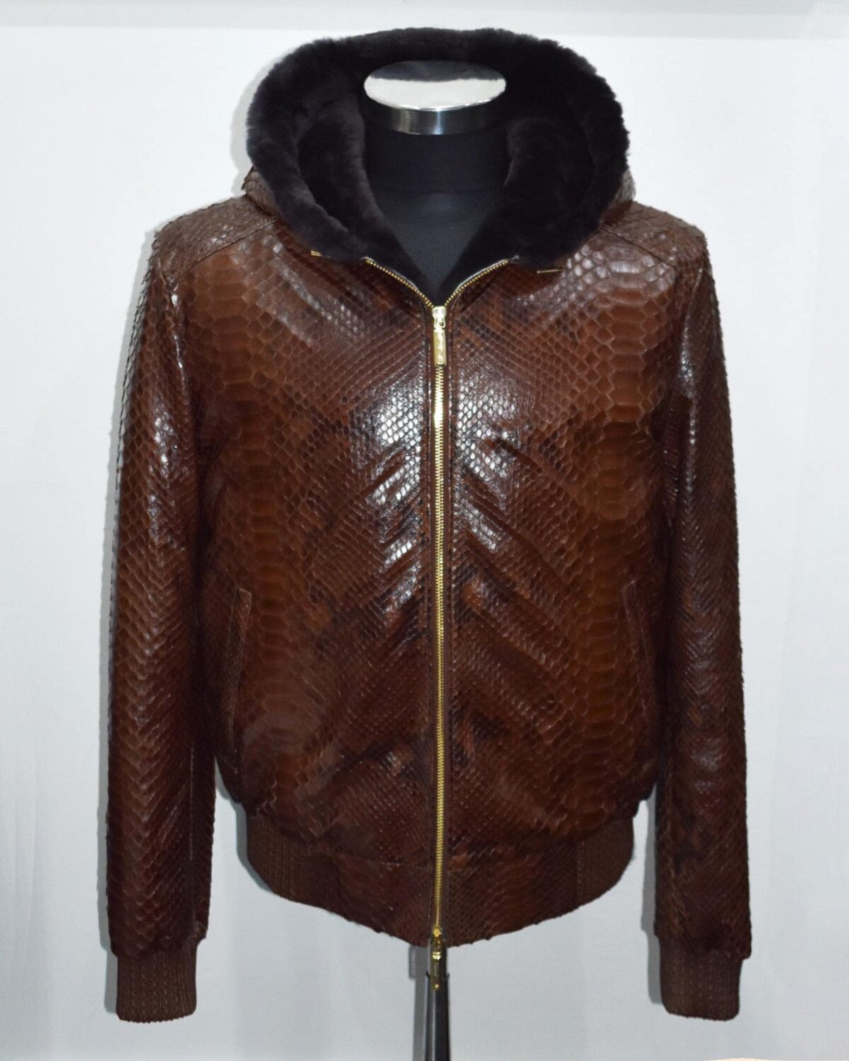 695e59fc59f447123fa56838.jpg Genuine Python Leather Real Sheep Fur Lining Men's Luxury Brown Hoodie Jacket