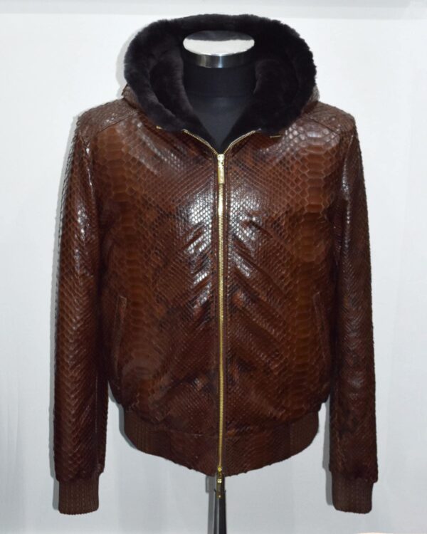 Genuine Python Leather Real Sheep Fur Lining Men's Luxury Brown Hoodie Jacket