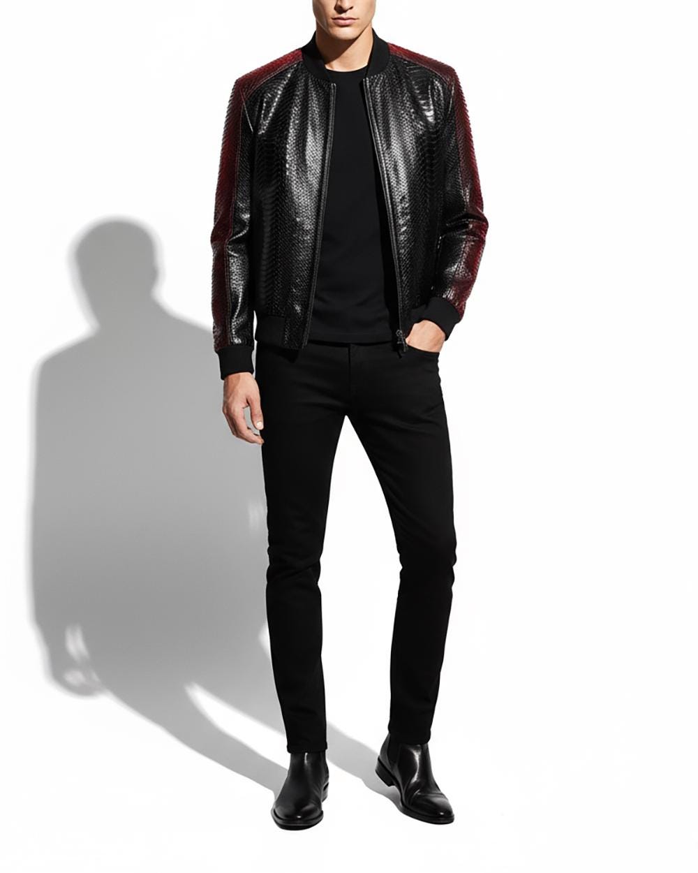 Men's Genuine Python Leather Black Red Bespoke Luxury Bomber Jacket
