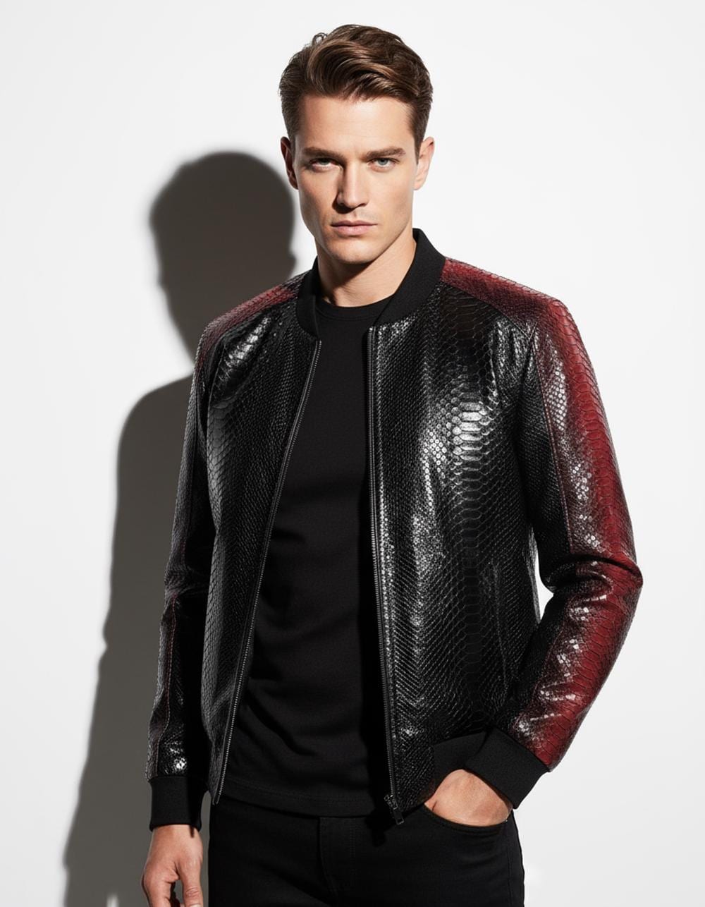 Men's Genuine Python Leather Black Red Bespoke Luxury Bomber Jacket