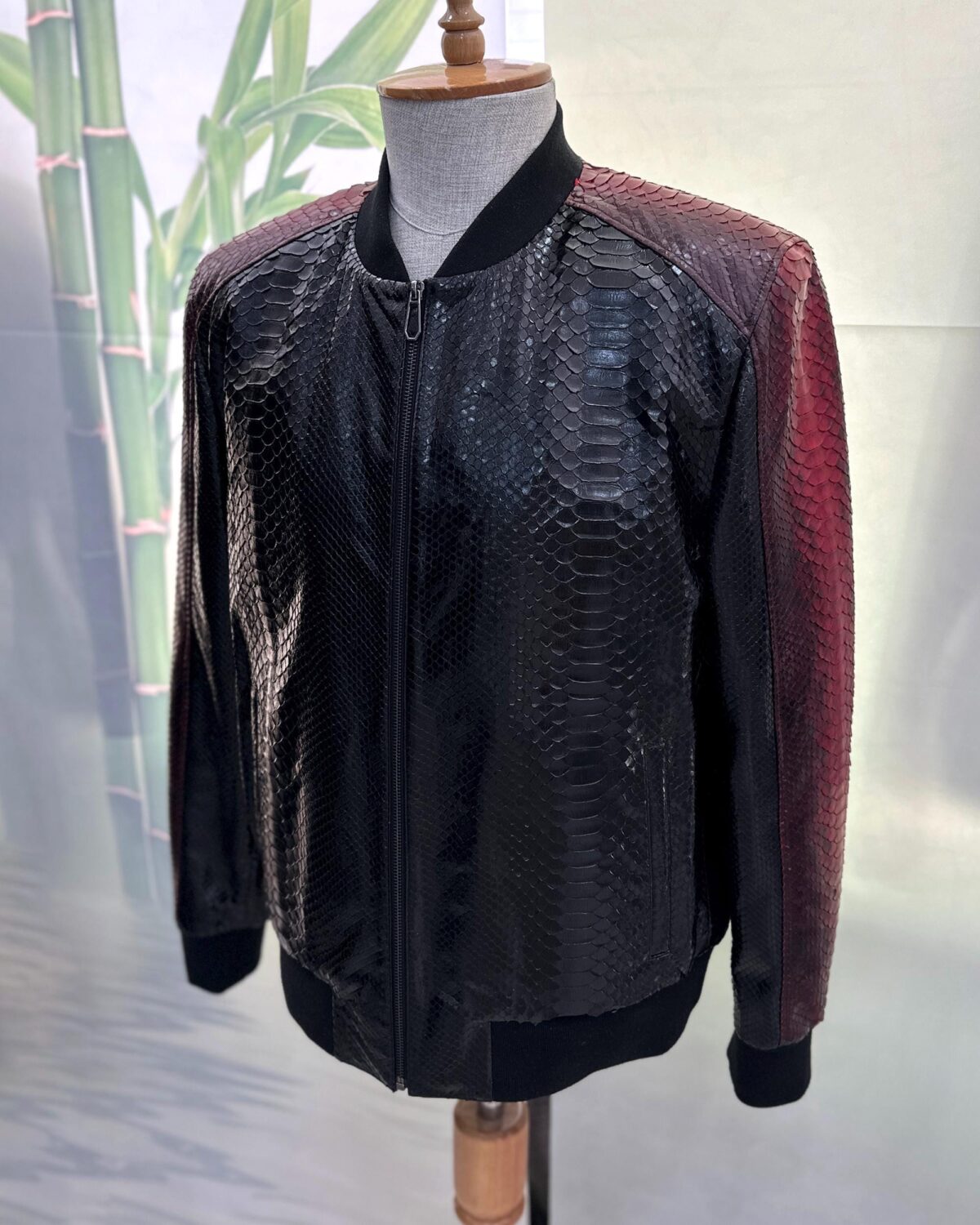 Men's Genuine Python Leather Black Red Bespoke Luxury Bomber Jacket