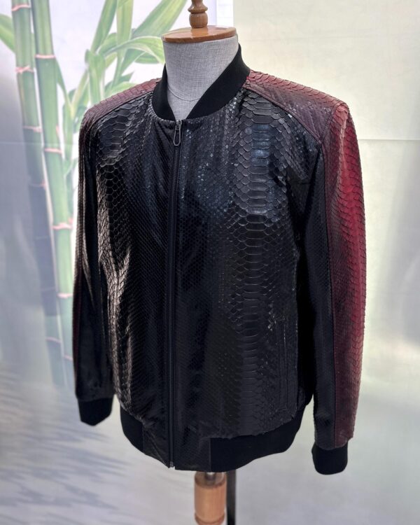 Men's Genuine Python Leather Black Red Bespoke Luxury Bomber Jacket