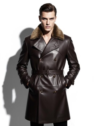 Men's Lambskin Leather Trench Coat: Shearling Fur Collar