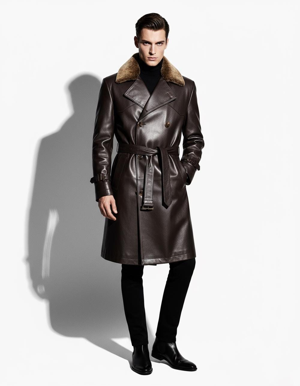 Men's Lambskin Leather Trench Coat: Shearling Fur Collar