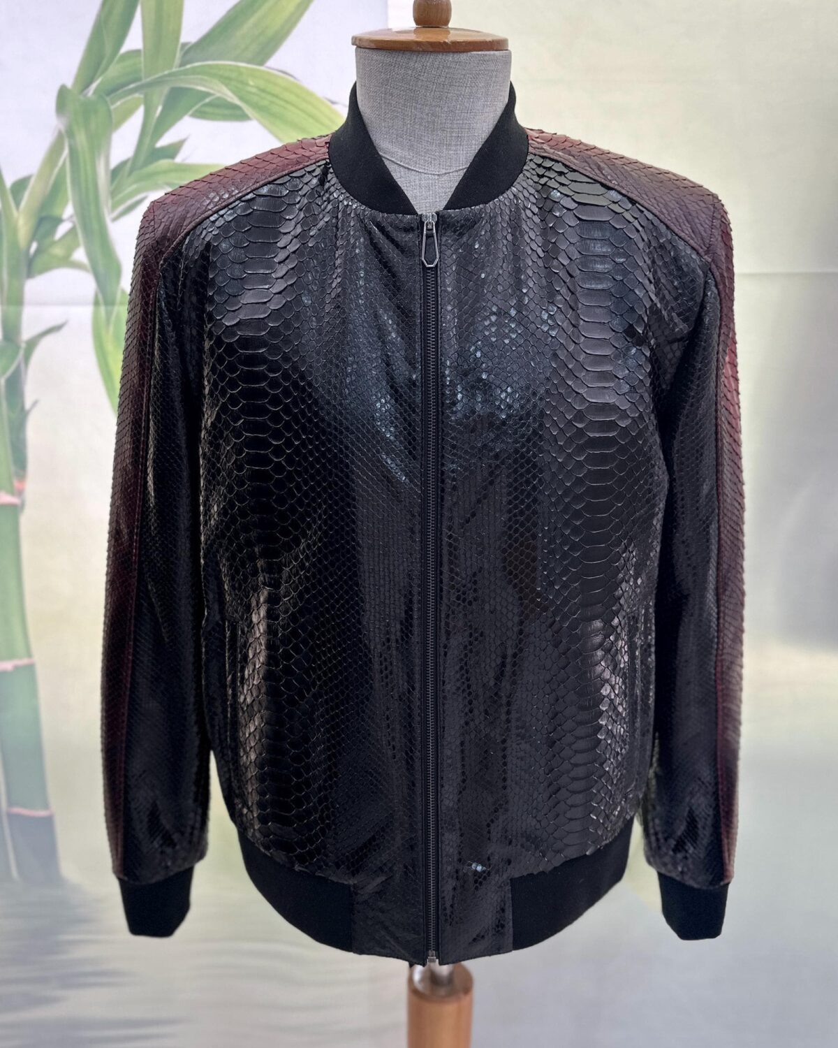 Men's Genuine Python Leather Black Red Bespoke Luxury Bomber Jacket