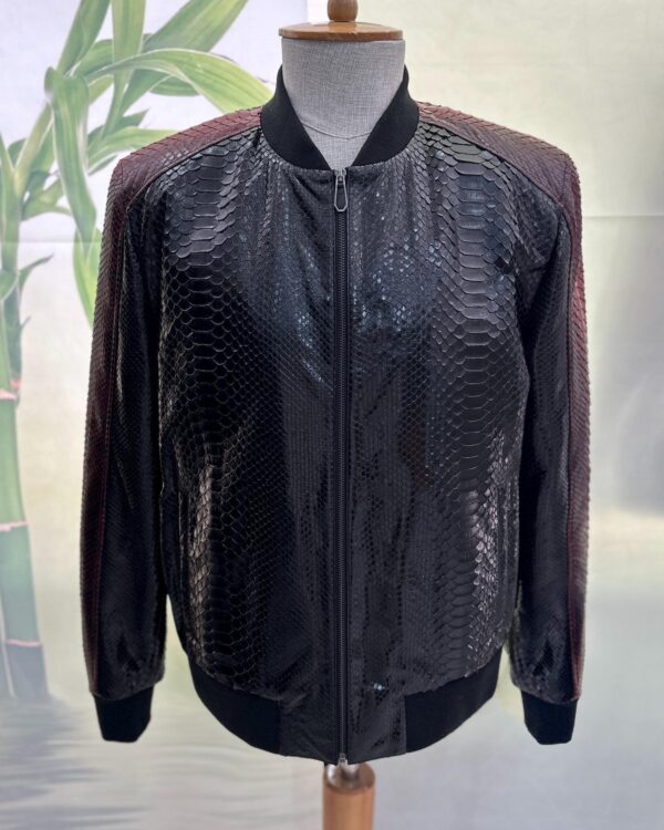 Men's Genuine Python Leather Black Red Bespoke Luxury Bomber Jacket