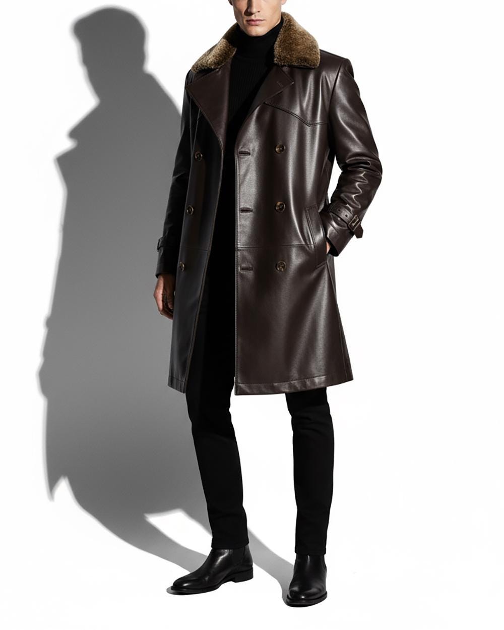 Men's Lambskin Leather Trench Coat: Shearling Fur Collar