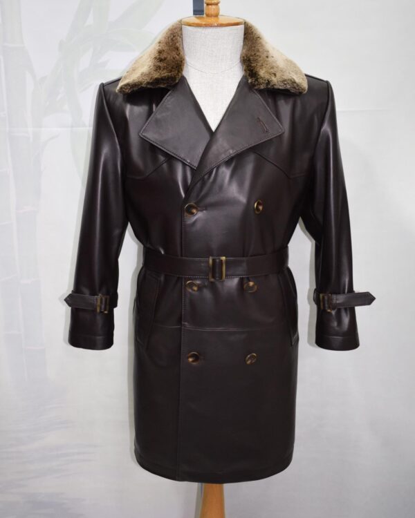 Men's Lambskin Leather Trench Coat: Shearling Fur Collar
