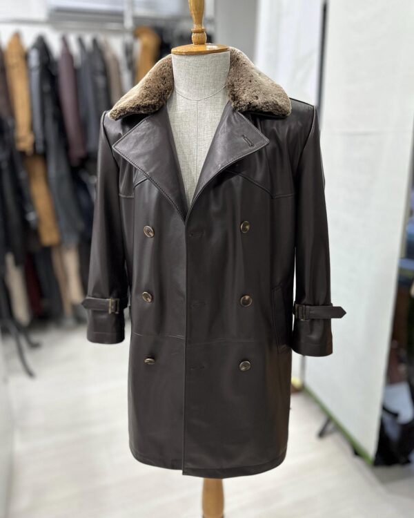 Men's Lambskin Leather Trench Coat: Shearling Fur Collar