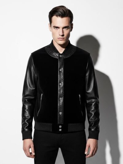 695e5a0c59f447123fa571f3.jpg Men's Suede Jacket: Python Trim, Zip Pockets