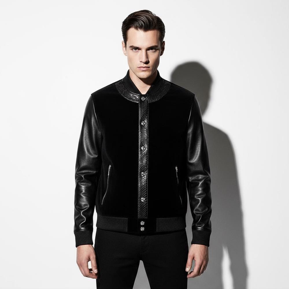 Men's Suede Jacket: Python Trim, Zip Pockets