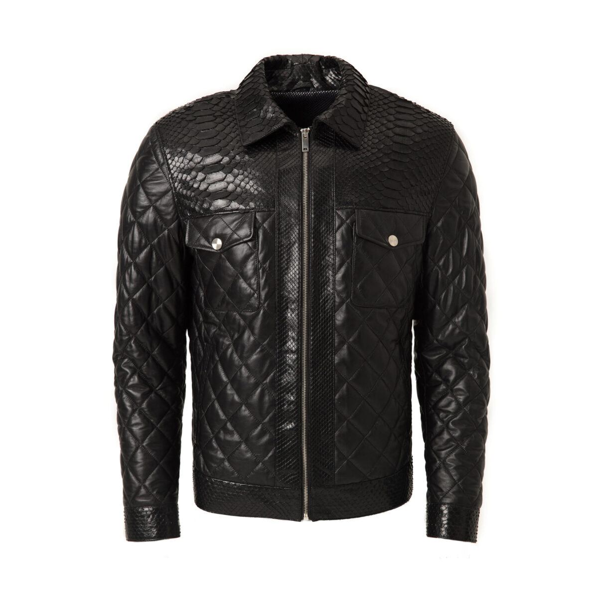 695e5a1159f447123fa572e2.jpg Men's Black Python Leather Trim Quilted Lambskin Jacket