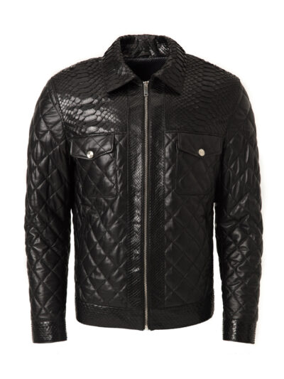 Men's Black Python Leather Trim Quilted Lambskin Jacket