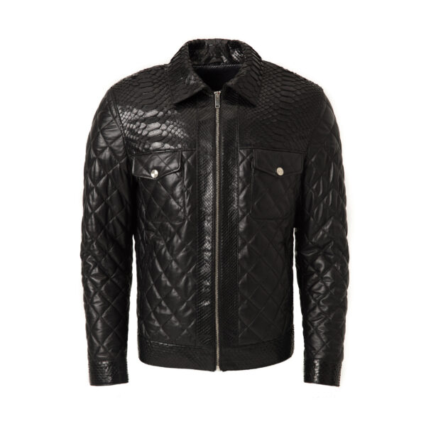 Men's Black Python Leather Trim Quilted Lambskin Jacket