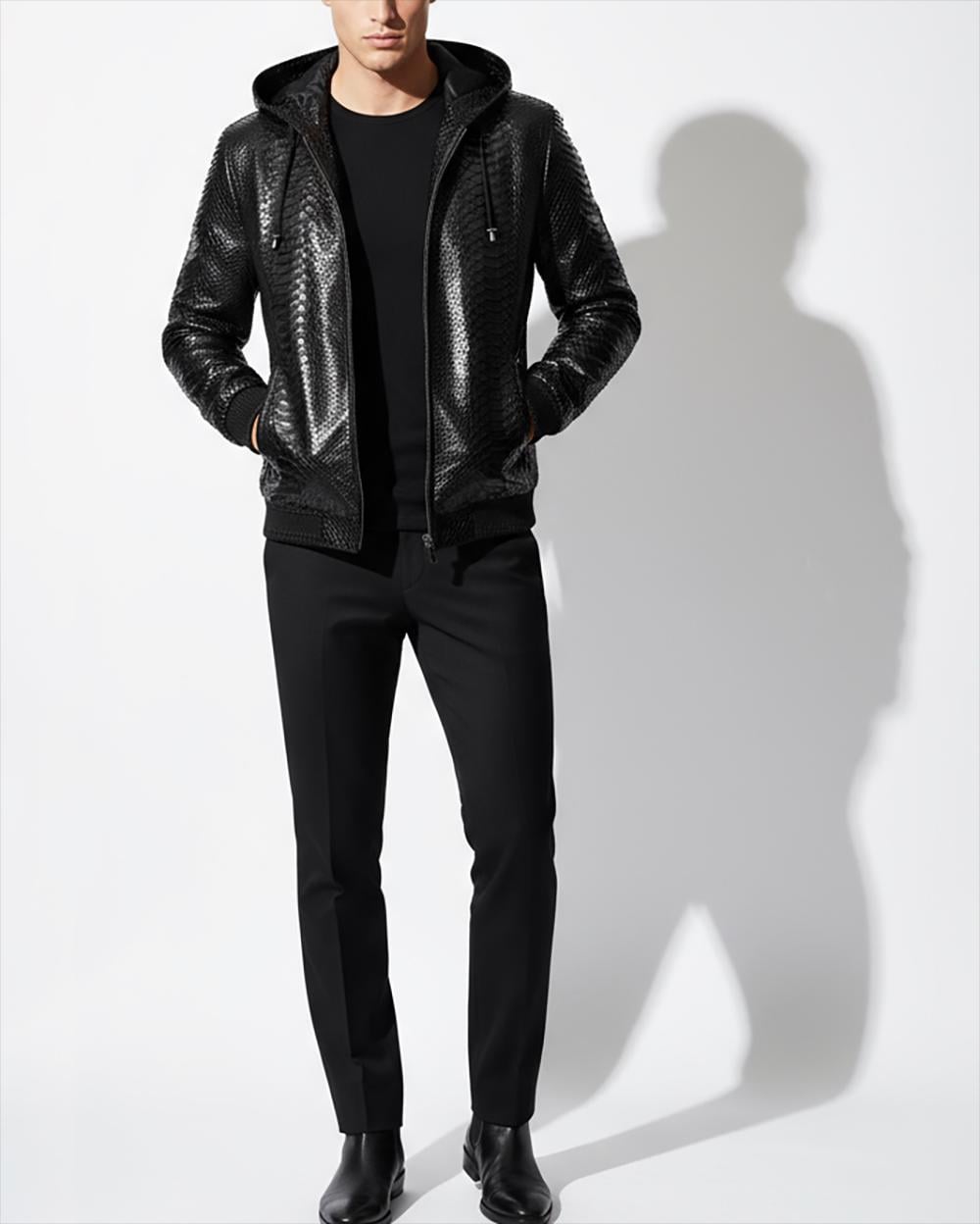 Men's Genuine Python Leather Luxury Snake Skin Exotic Hoodie Jacket