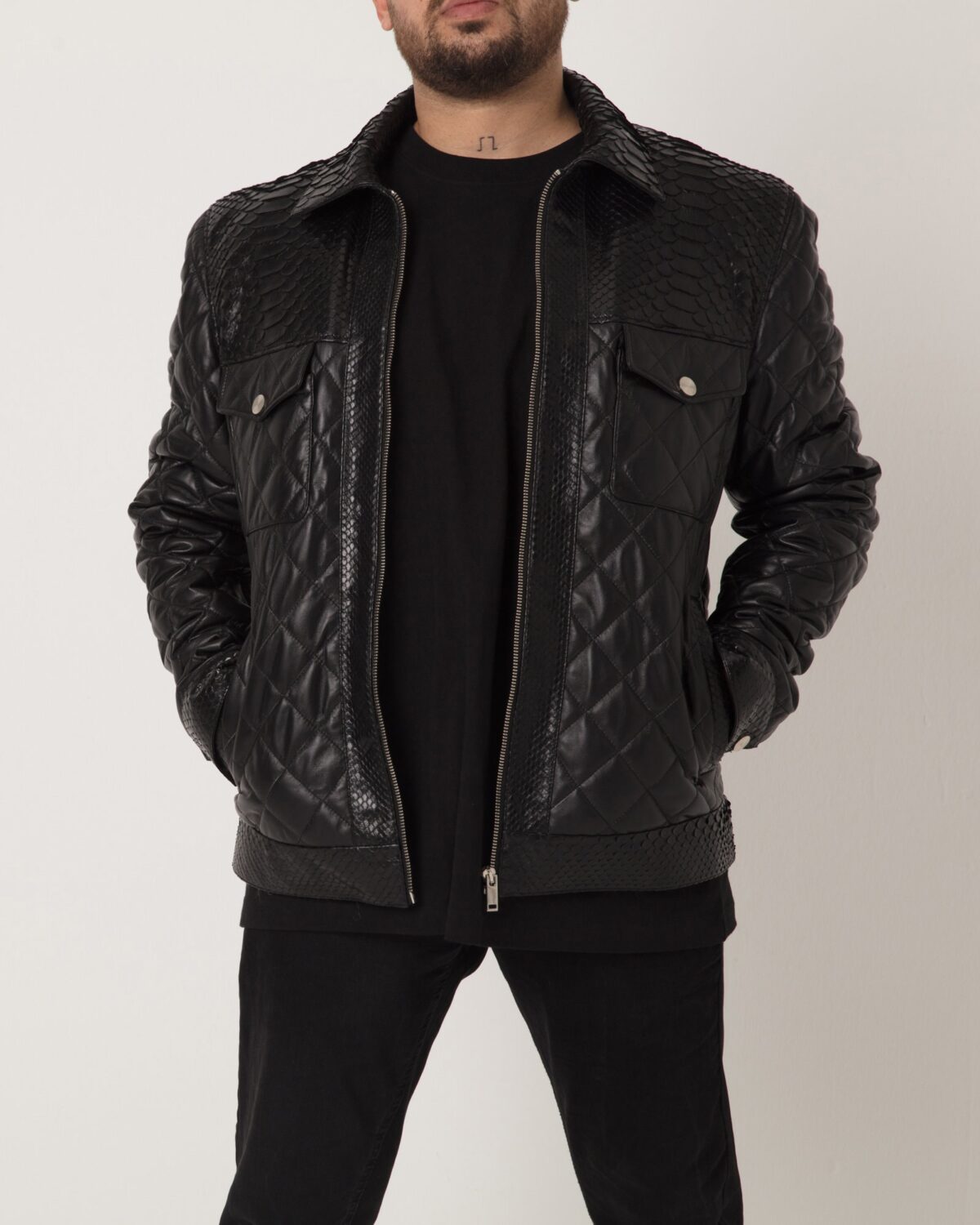 695e5a1159f447123fa572e8.jpg Men's Black Python Leather Trim Quilted Lambskin Jacket
